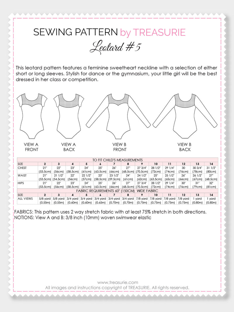 Leotard Patterns - LEOTARD #5 - Girls, Short & Long Sleeve (L505)