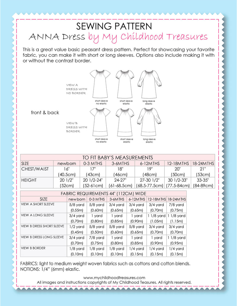 ANNA - Baby Peasant Dress Patterns - 3 Sleeves