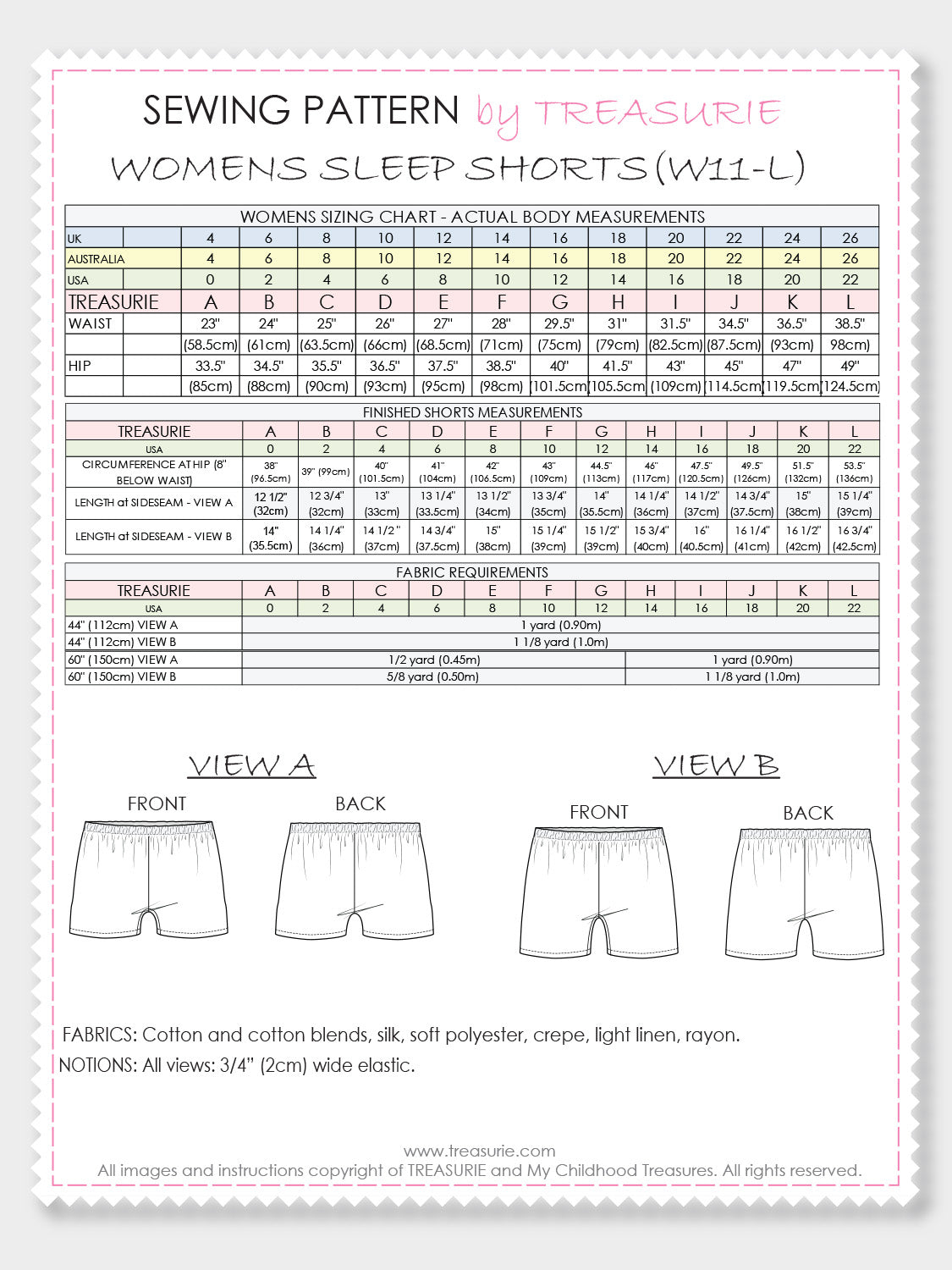 Womens Sleep Shorts Pattern W11L TREASURIE