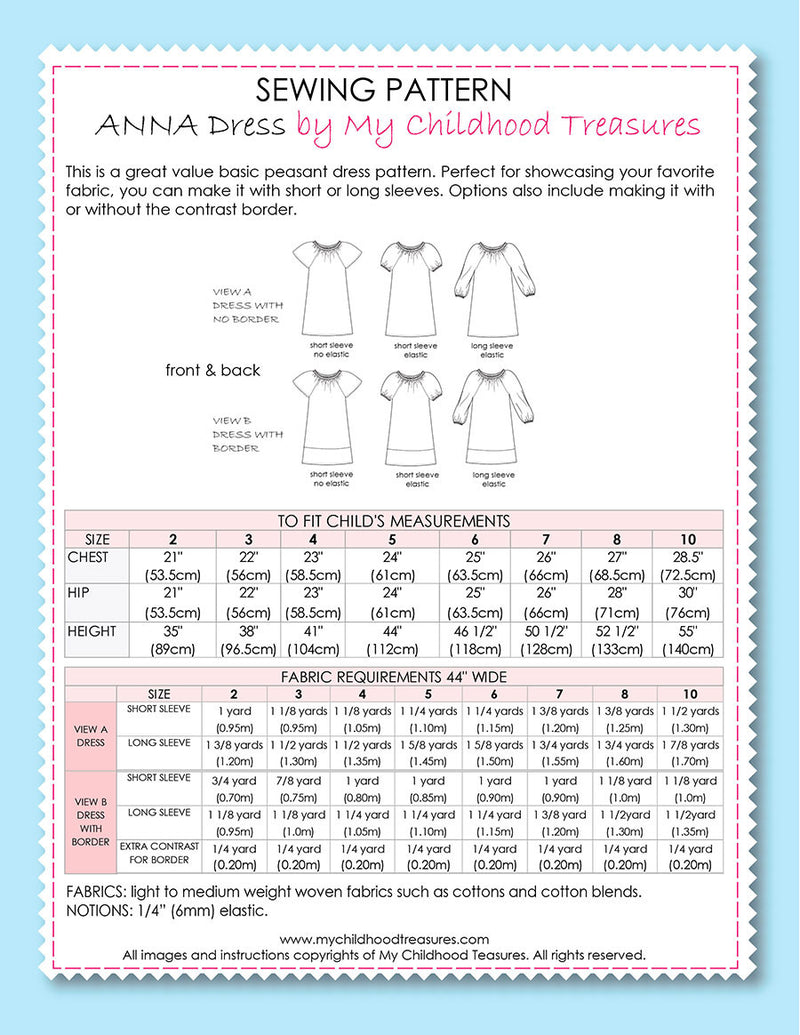 ANNA - Girls Peasant Dress Patterns (2-10)