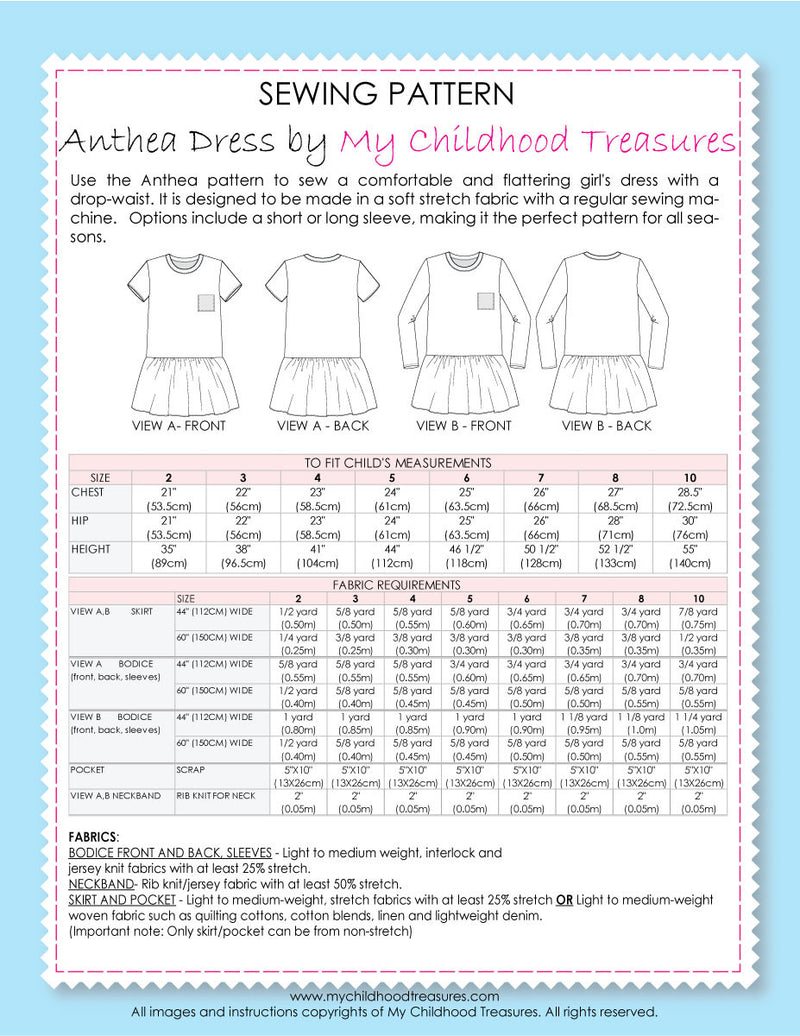 ANTHEA - Girls Dress Patterns (2-10)(8-14)