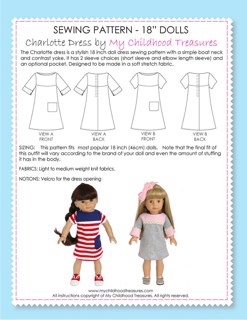 18 inch doll clothes patterns - CHARLOTTE Dress (D1305)