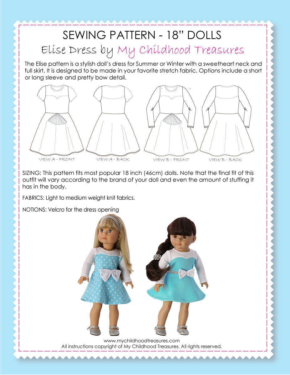 18 inch doll dress sewing pattern Elise Pattern TREASURIE