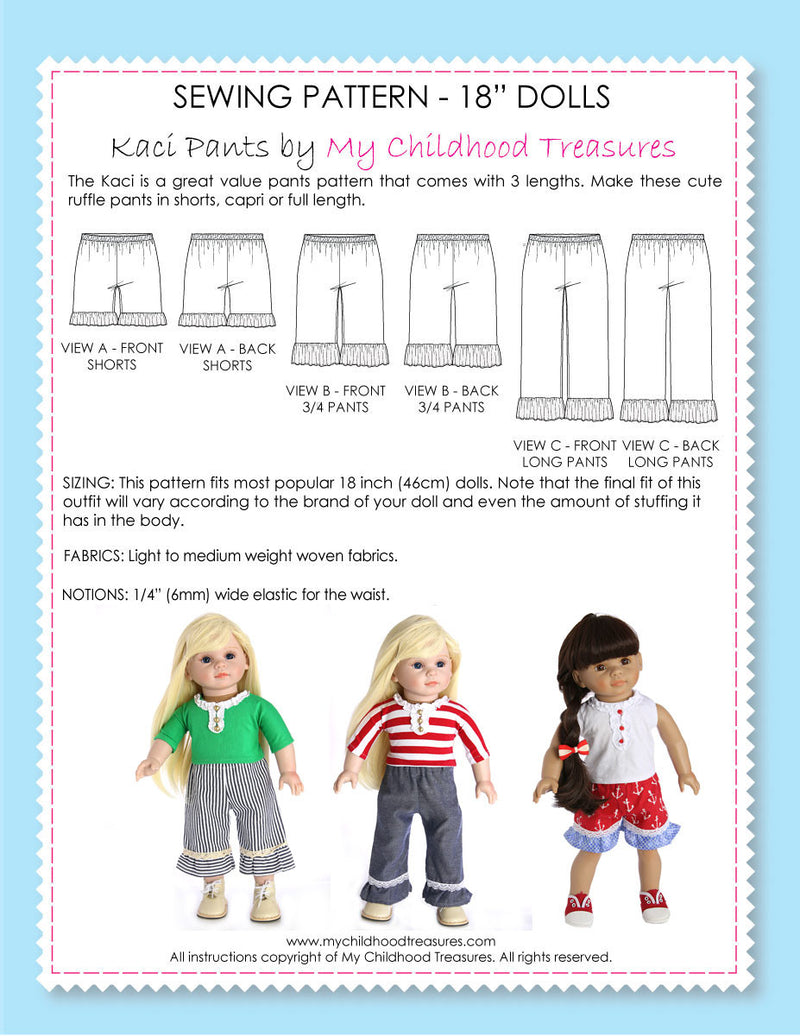 18 inch doll clothes patterns - KACI PANTS (D1311)
