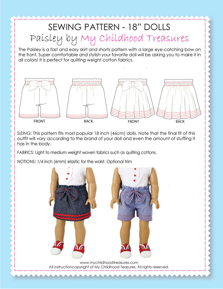 18 inch doll skirt and short sewing pattern PAISLEY – TREASURIE