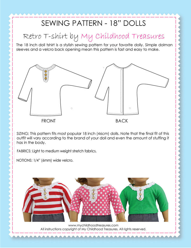 18 inch doll clothes patterns - FREE Retro doll T-shirt pattern (D1308)