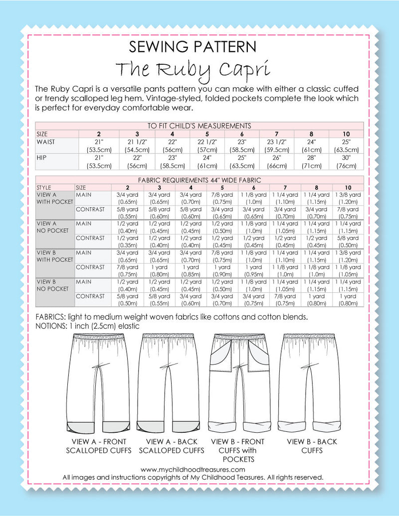 RUBY - Girls Capri Pants Sewing Pattern - 2 cuff styles