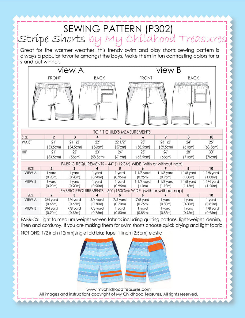 Boys Shorts Sewing Pattern - STRIPE (P302)