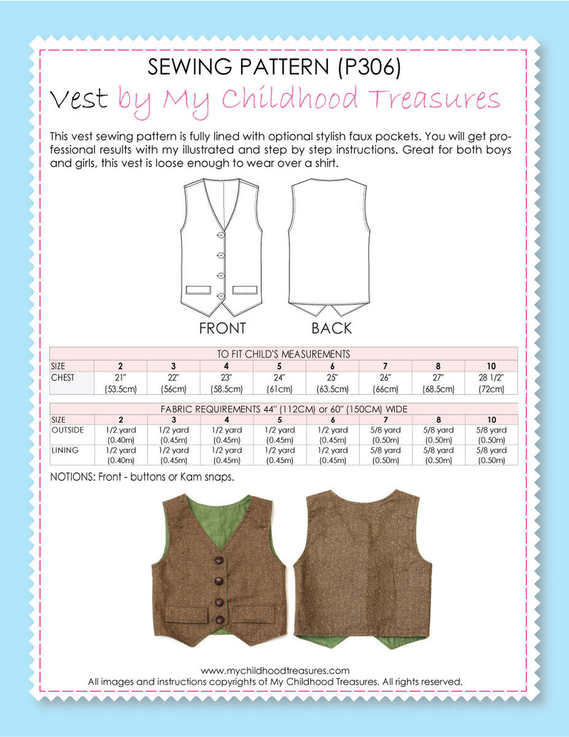 Boys Vest Sewing Pattern - BOYS VEST (P306)