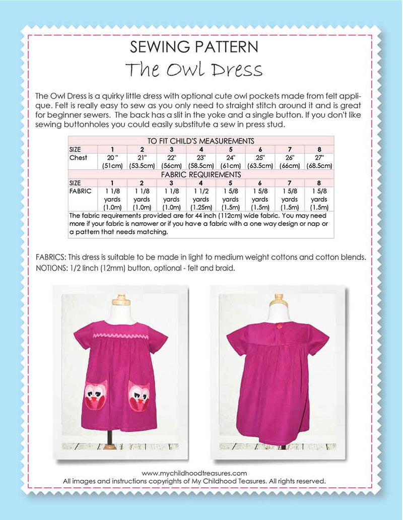 OWL - Girls Dress Pattern - Owl Applique Pockets