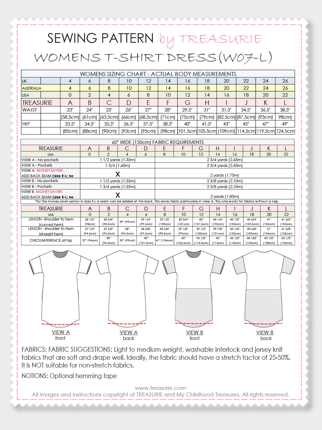 T-shirt Dress Sewing Pattern Womens TREASURIE T-shirt Dress Sewing Pattern Womens TREASURIE